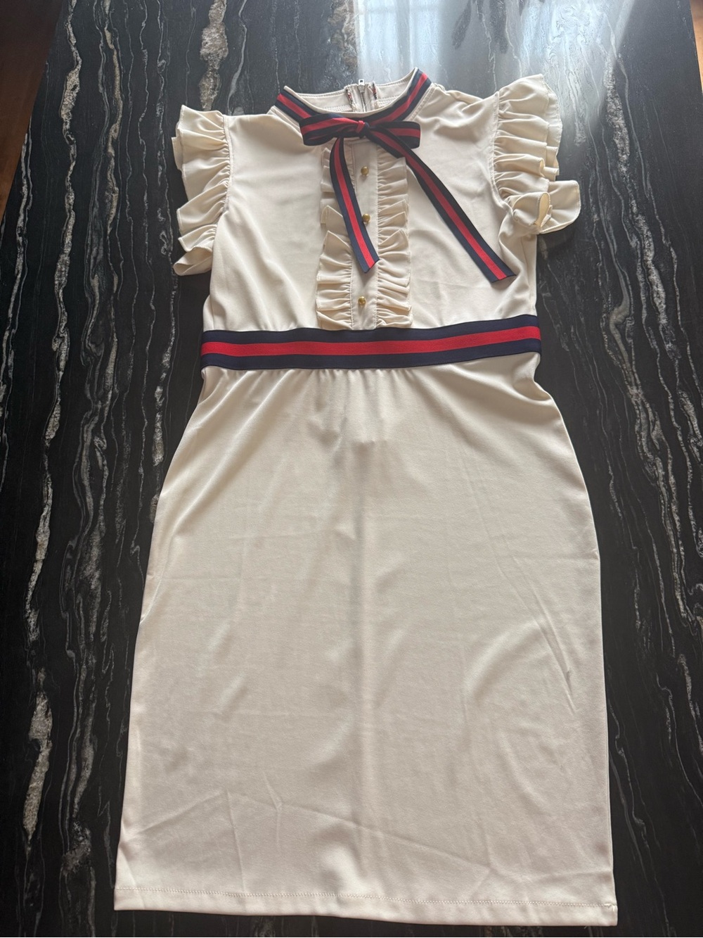 CBR Cream Dress with Navy & Red Ribbon Trim